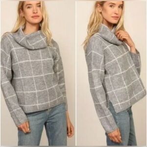 Cozy Gray Windowpane Cowl Neck 
Sweater Soft Knit